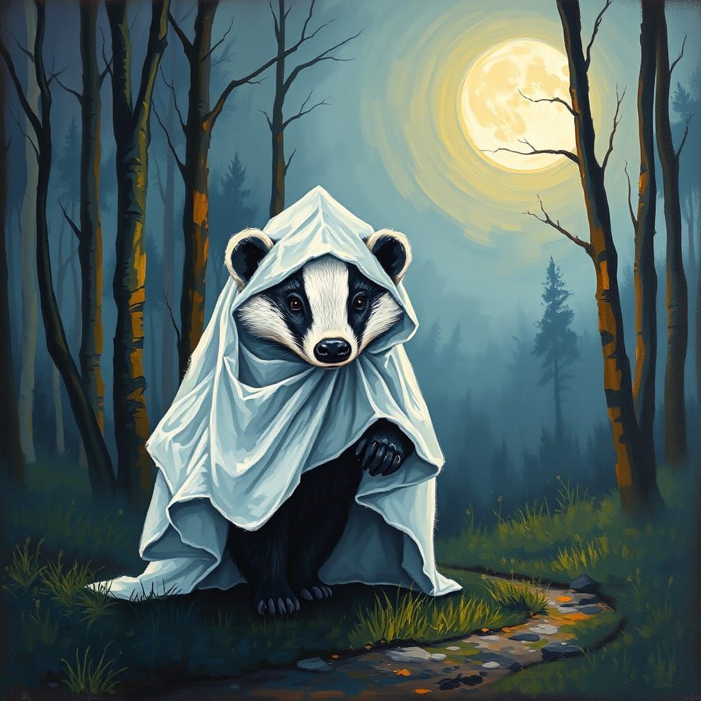 Impressionist Badger in Ghost Costume in Moonlit Forest