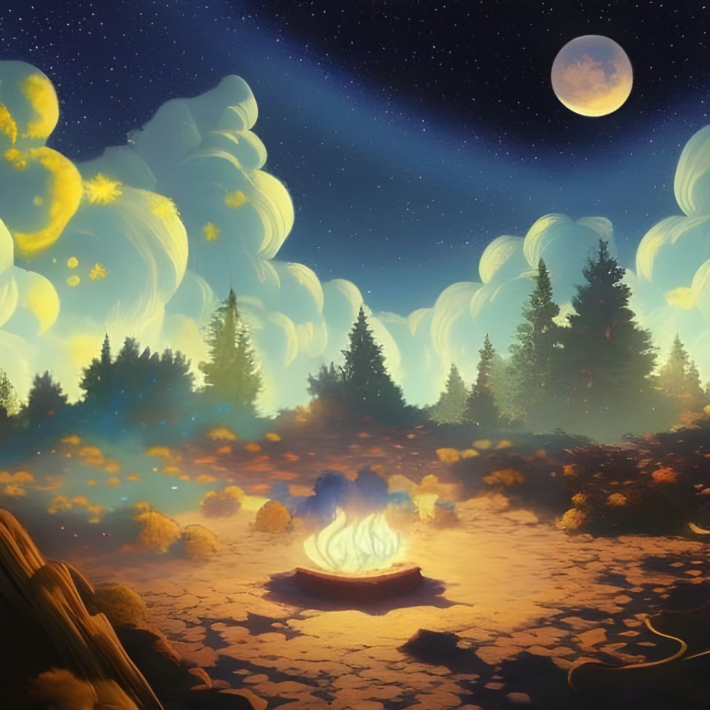 Romantic Forest Campground Under Nebula Sky in Manga Style