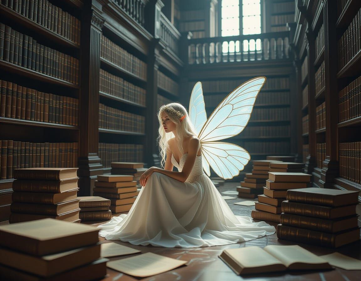 Translucent Paper Fairy in Old Library, Photorealistic