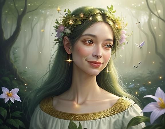 Ethereal Woman with Fireflies: An Oil Painting