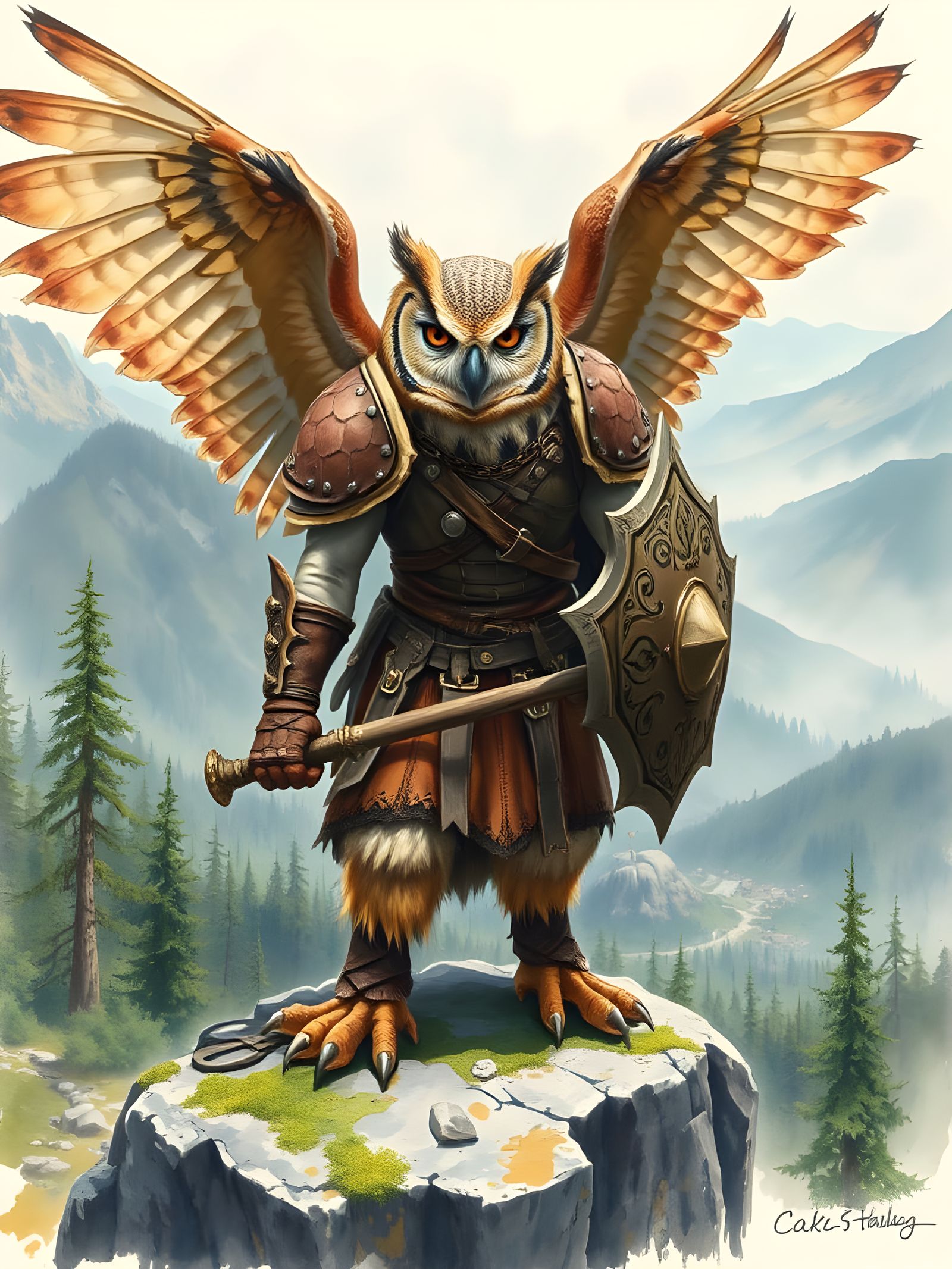 Mystical Warrior on Rocky Ledge in Watercolour Style