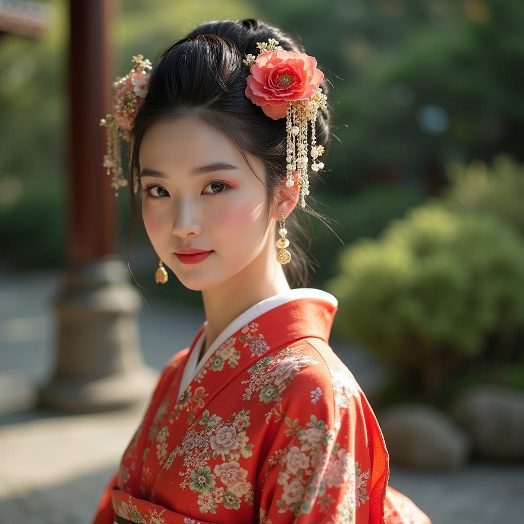 Asian Woman in Kimono in Japanese Garden Art