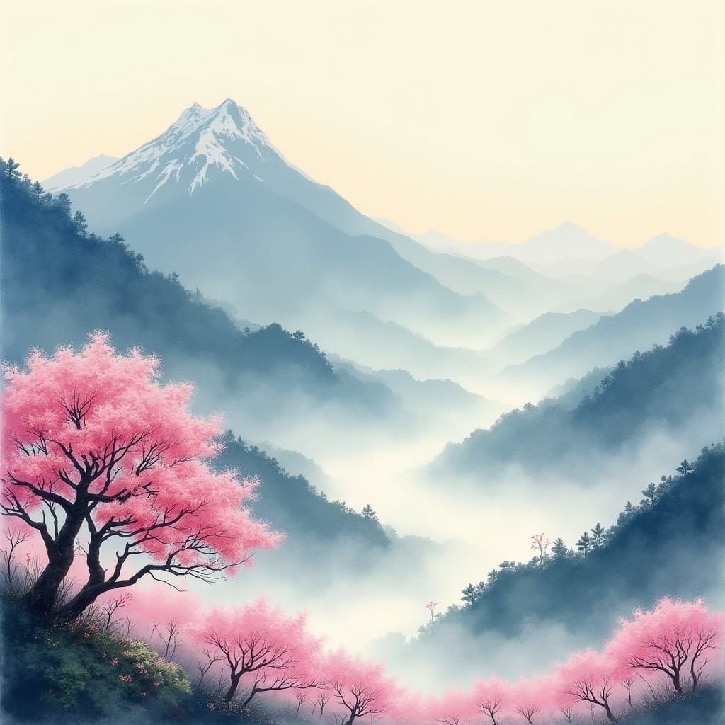Dreamy Sakura Valley in Traditional Japanese Watercolor Styl...