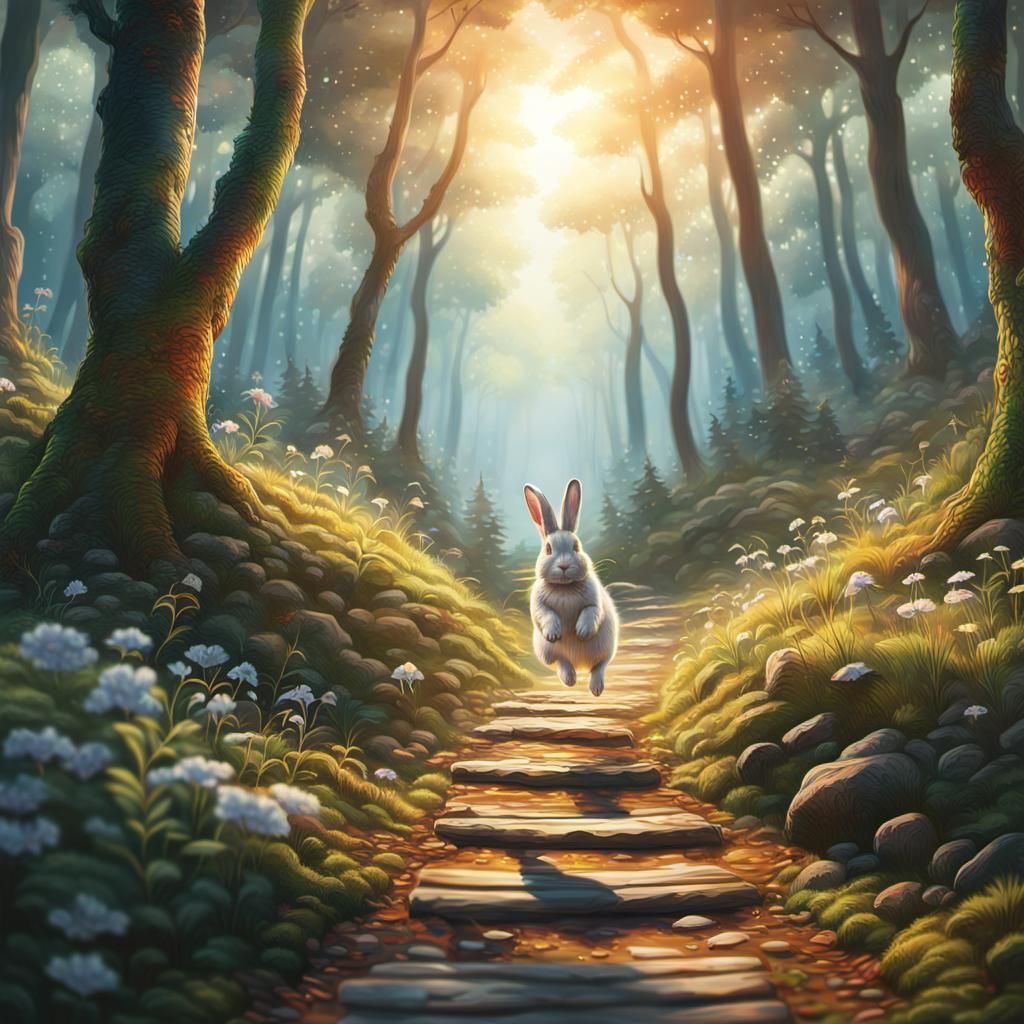 Hyperrealistic Forest Path with Bunny at Sunrise