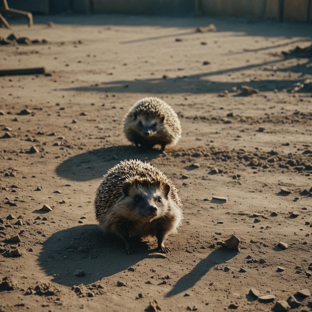 Hedgehog Showdown in Abandoned Arena: Cinematic Film Still