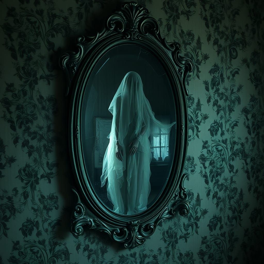 Ethereal Spirit Reflected in Haunted Mirror