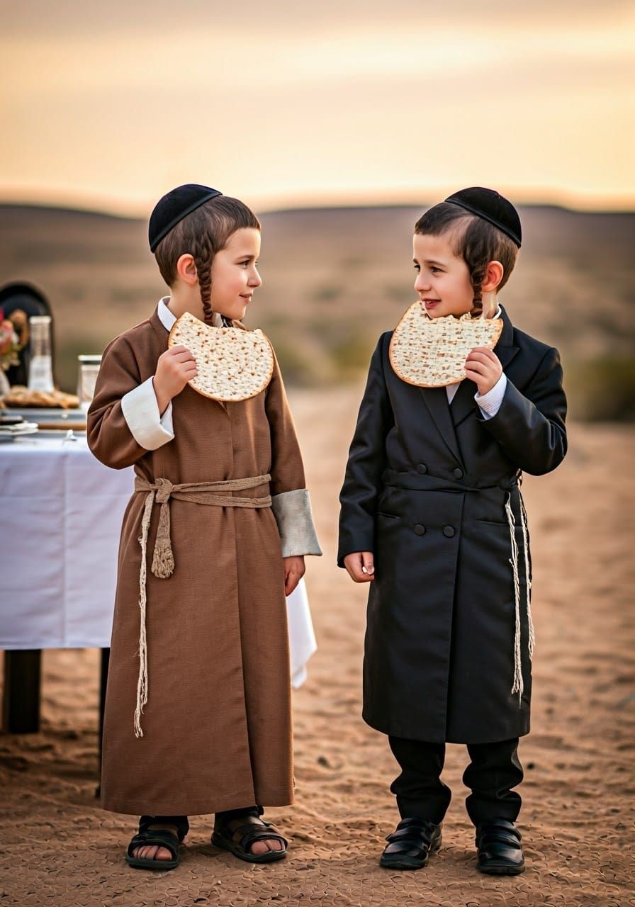 Hasidic Boys Share Matzah in Desert Twilight