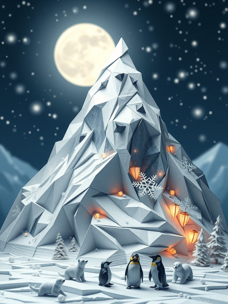 Majestic Origami Winter Mountain in Papercraft Style