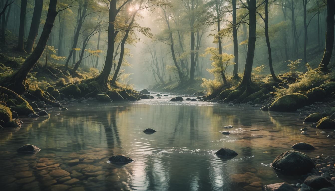 Enchanting Forest River in Film Noir Style