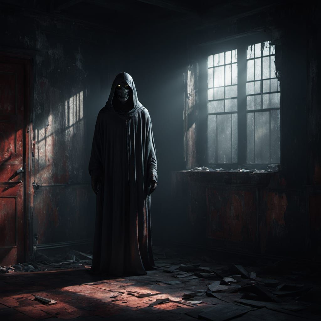 Ghostly Figure in Dark Abandoned Room, Rendered in High Deta...