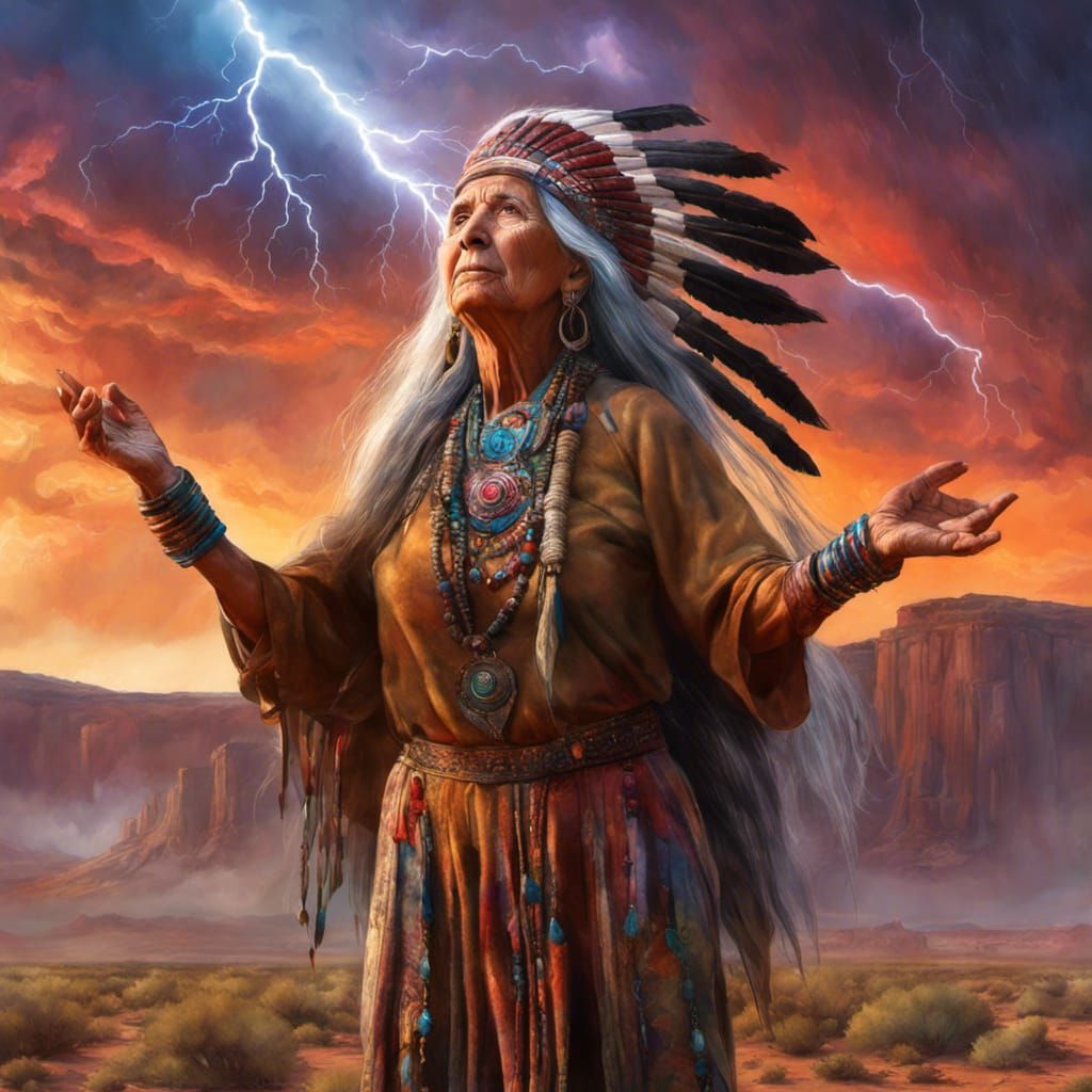 Mystical Woman Conjures Rain in Desert Landscape
