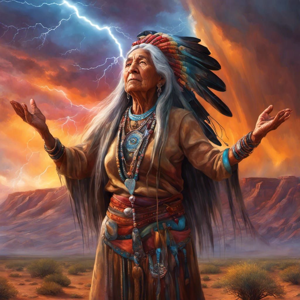 Mystical Woman Conjures Rain in Desert Landscape