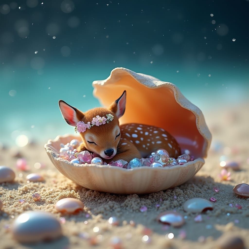 Tiny Fawn Dreams in Iridescent Shell