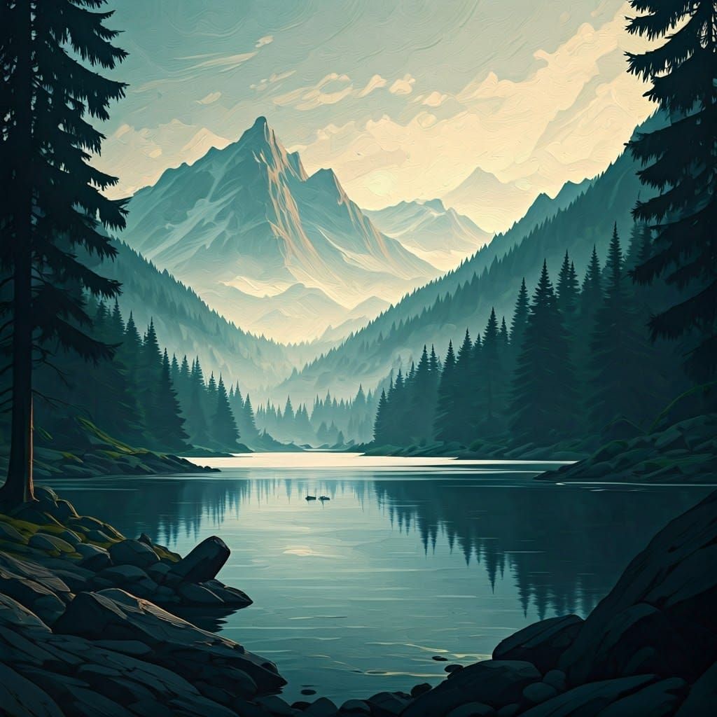 Misty Mountain Landscape in Gouache Watercolor Style