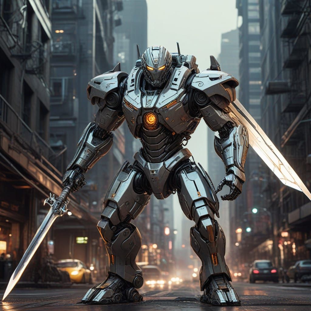 Cyberpunk Robot Warrior in Ornate Armor