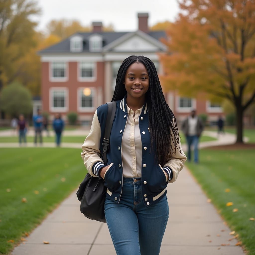 Young Woman in Varsity Jacket on University Quad