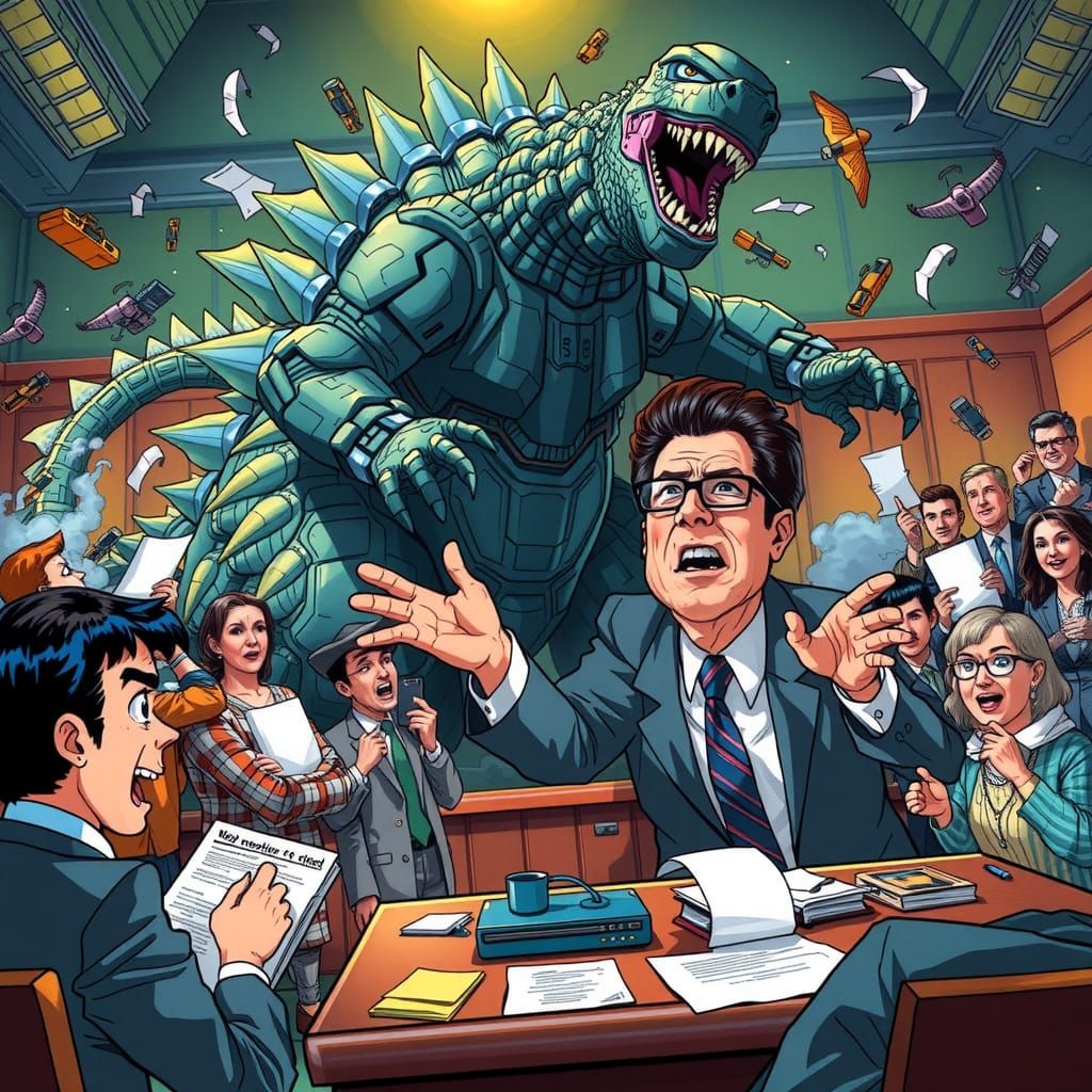 A highly detailed and stylized scene from the legal thriller...