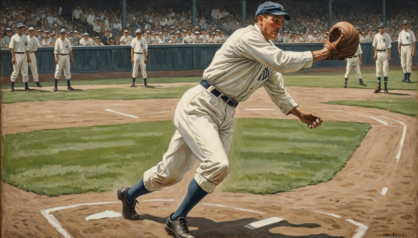 Baseball Player Catches Ball, Vintage Oil Painting