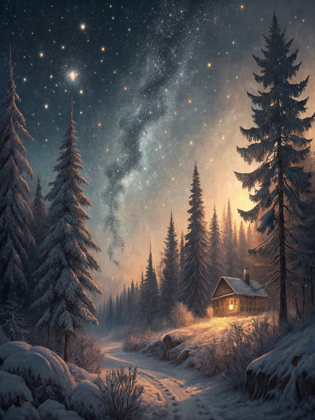 Winter Night Stars in Romantic Watercolour Landscape