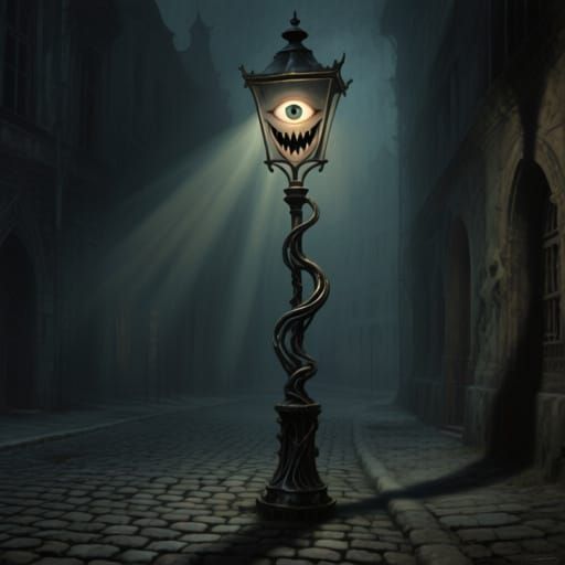 Gothic Streetlamp Casts Eerie Shadows in Digital Surrealism