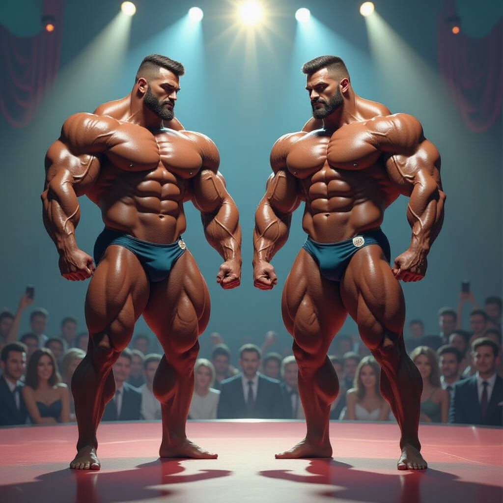 Colossal Bodybuilders on Stage: Hyperrealistic Digital Art
