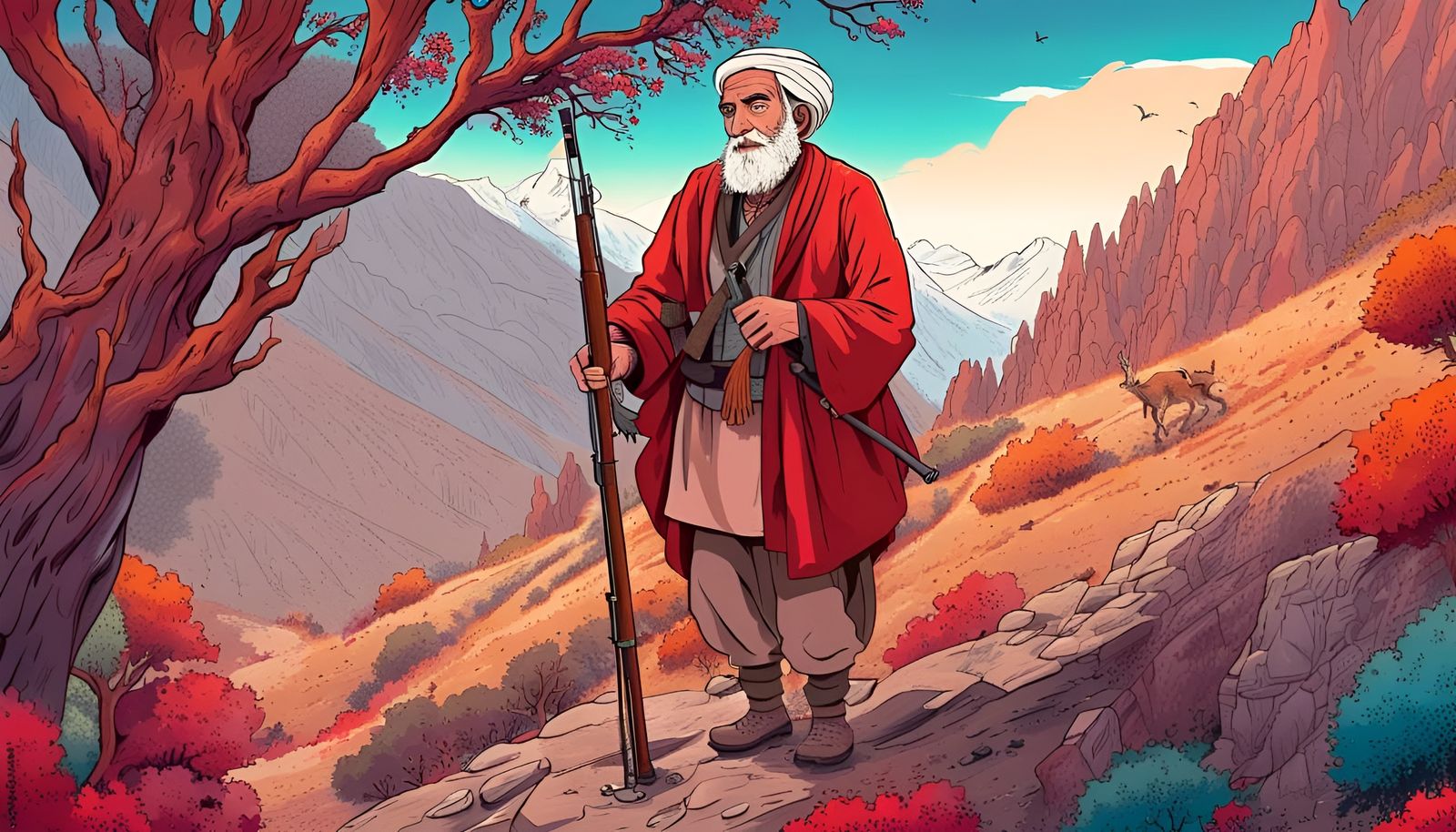 Afghan Hunter in Mountain Forest, Anime Style
