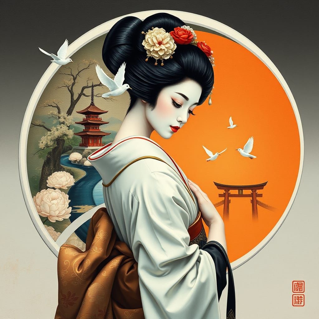 Elegant Geisha in a Spiral Universe of Japanese Miniature La...
