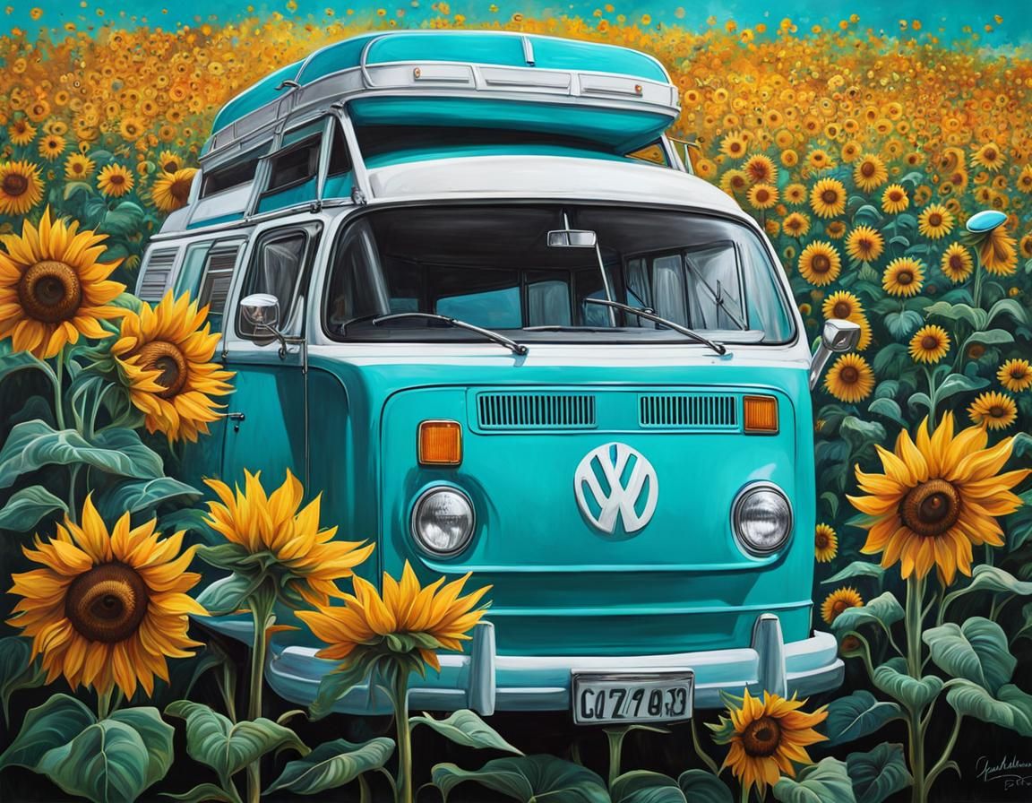 Turquoise Campervan Portrait with Sunflowers in Graffiti Art