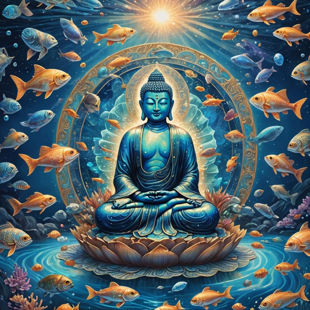 Blue Buddha Floating on Ocean in Astral Style