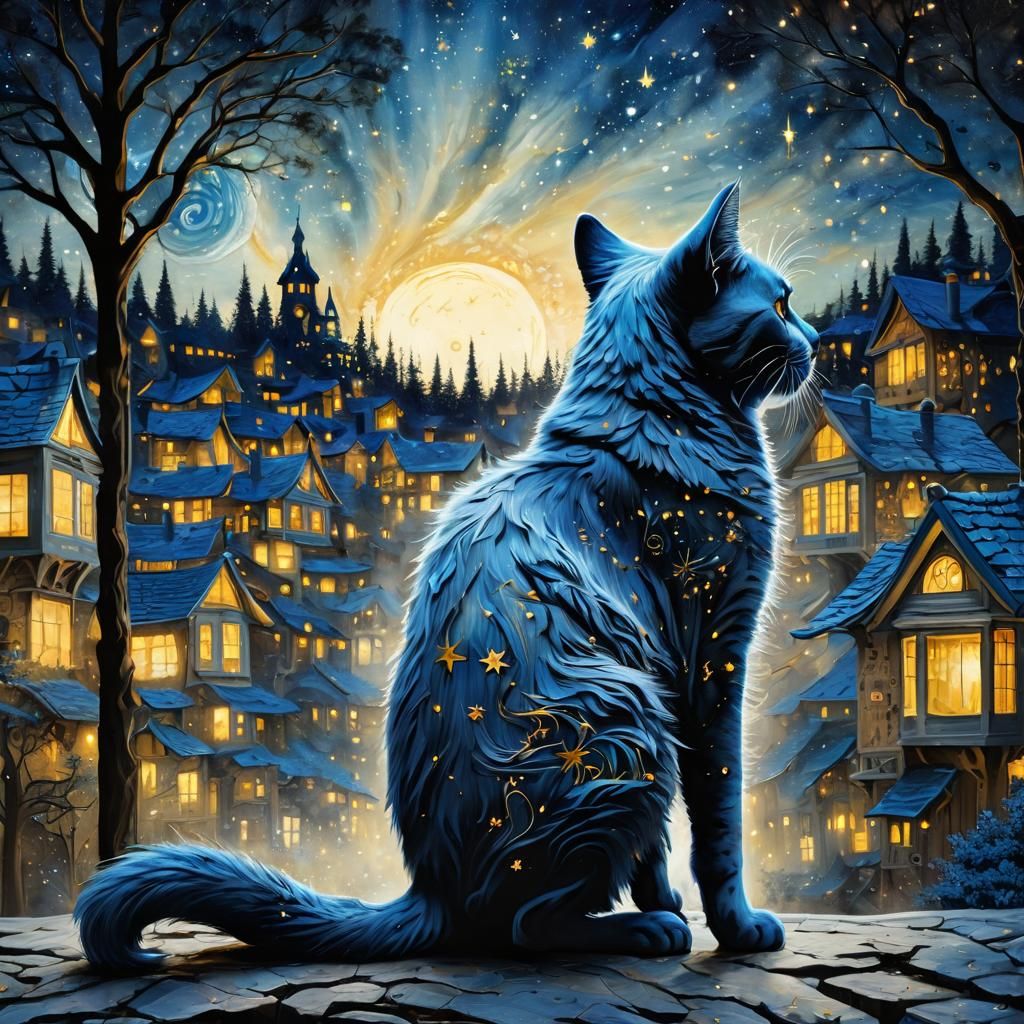 Blue Cat Silhouette with Starry Cityscape