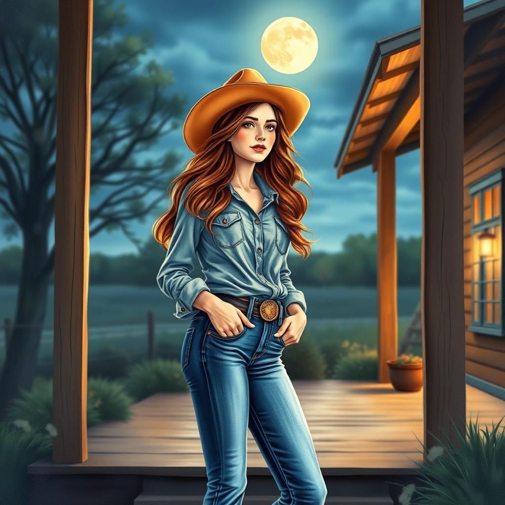 Cowgirl in Moonlight: A Detailed Watercolor Illustration