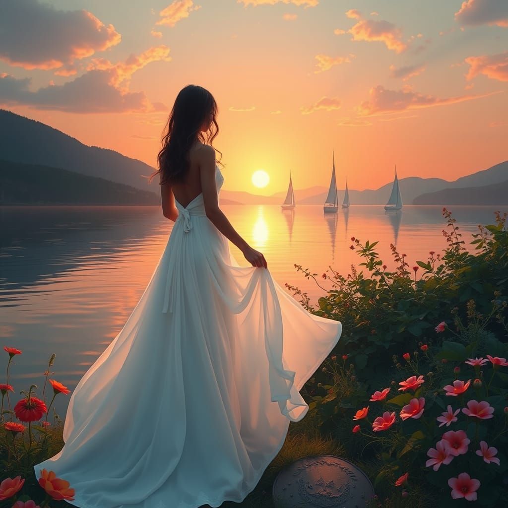 Dreamy Lake Scene in Futuristic Style with Sailboats and Vib...