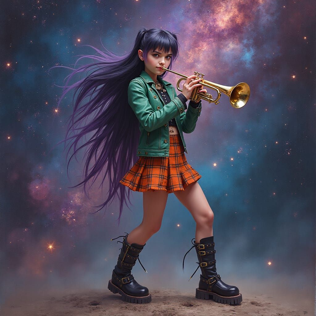 Surreal Punk Goddess Plays Trumpet in Cosmic Space Tapestry