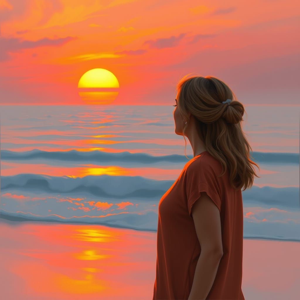 Woman Gazing at Beach Sunset as Digital Painting