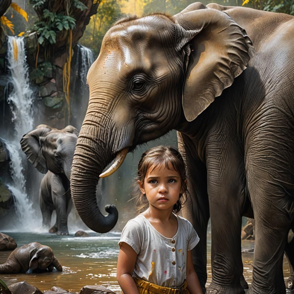 Girl with Elephant at Waterfall: Hyperrealistic Photography