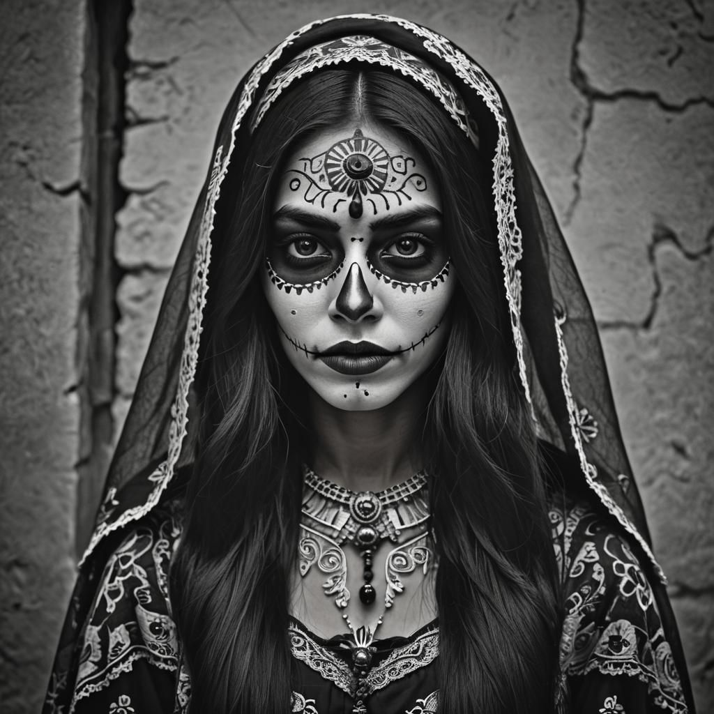 Striking Catrina Portrait in Black and White Photography