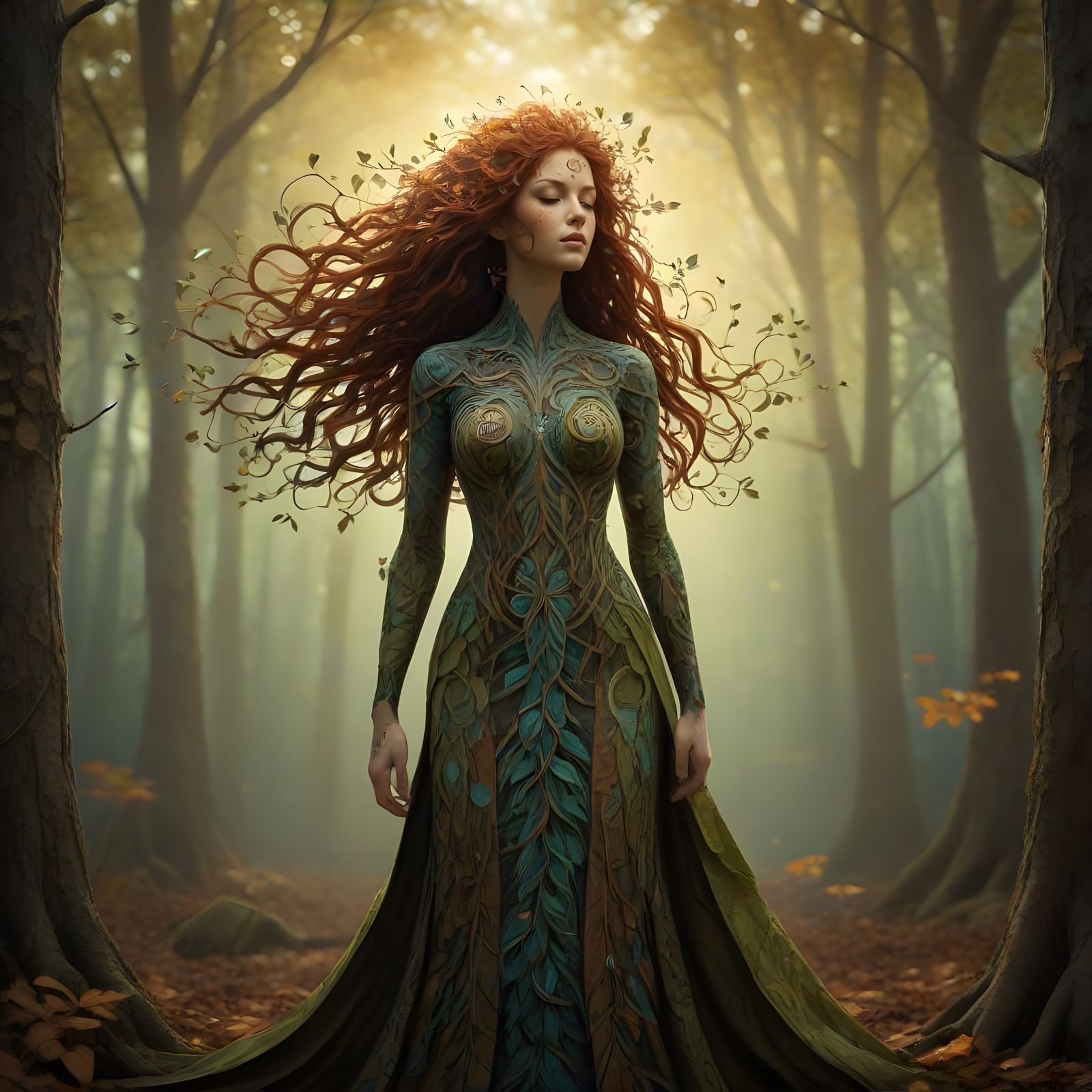 Mystical Tree-Woman in Forest, Batik Art Style