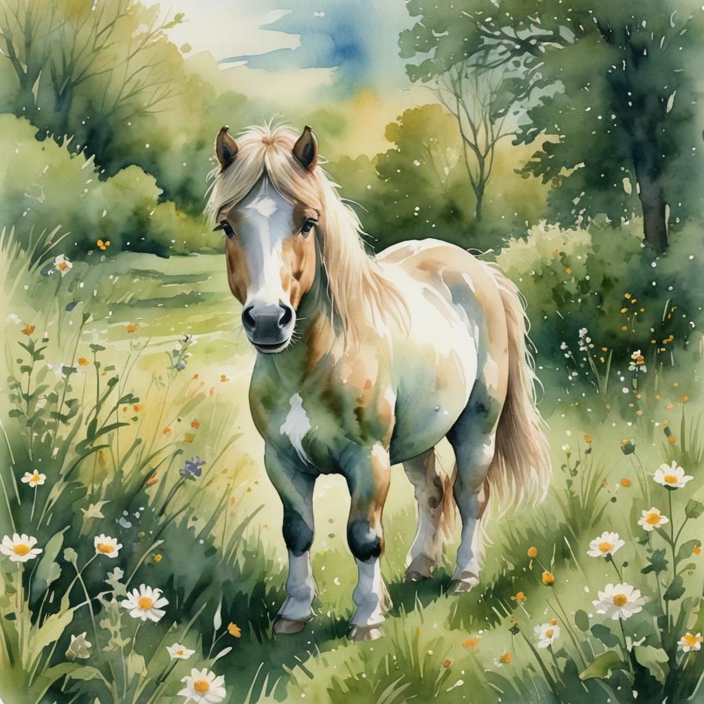 Shetland Pony in Lush Meadow: Watercolor Illustration