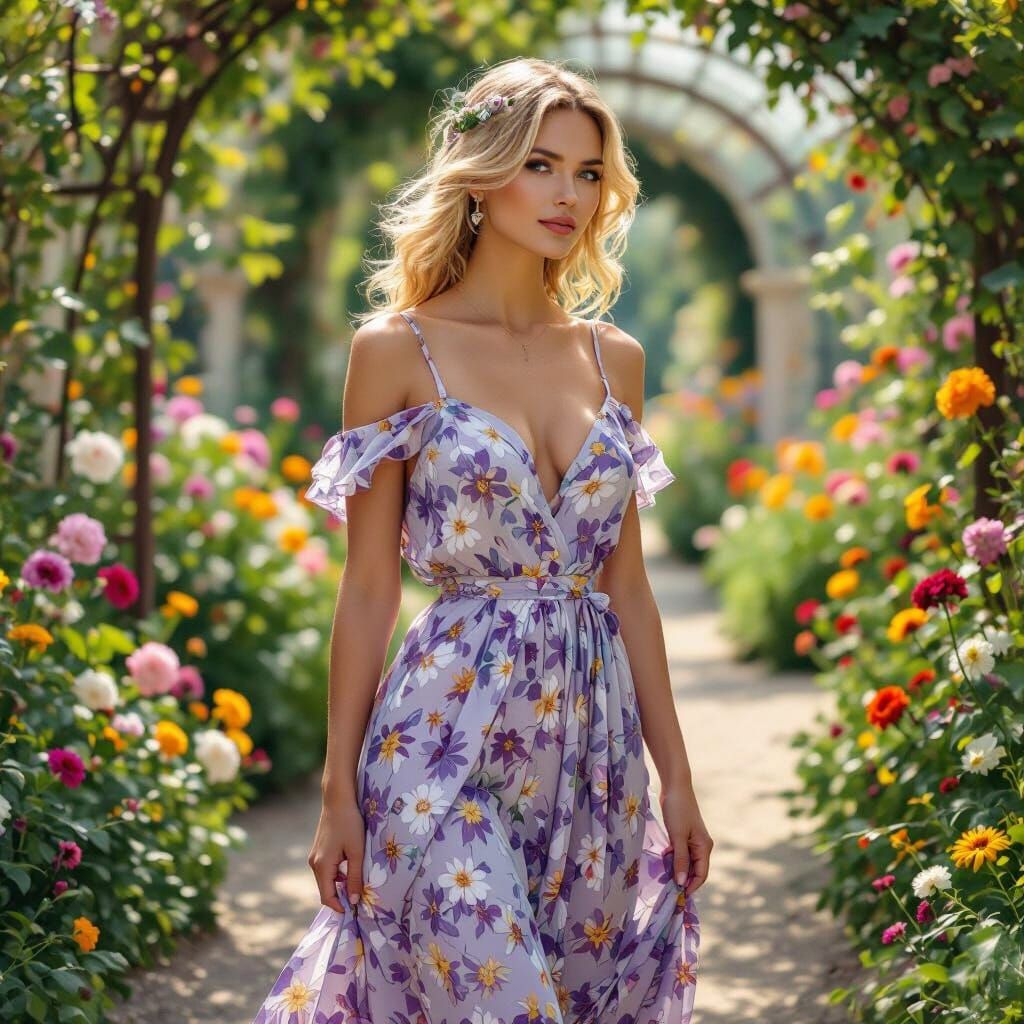 Blonde Woman in Floral Dress, Art Nouveau Style