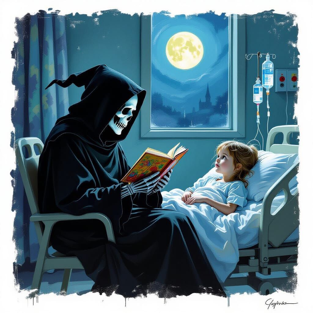 Grim Reaper Reading Fairytale to Sick Child