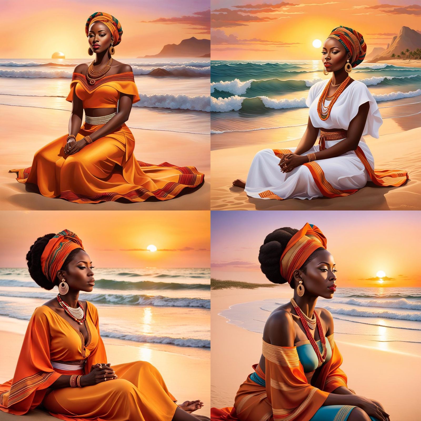 African Woman Watching Sunset on Beach in Hyperrealism