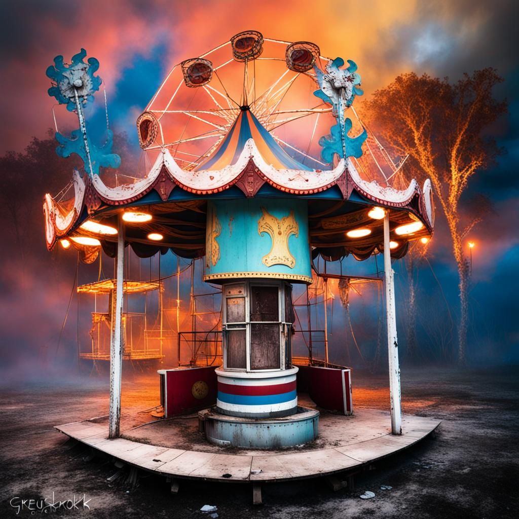 Eerie Abandoned Carnival at Twilight: Dark Fantasy Art
