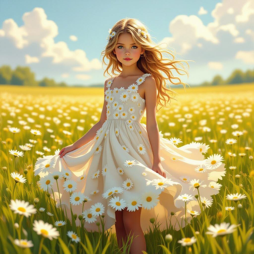 Girl in Daisy Petal Dress in Vibrant Field