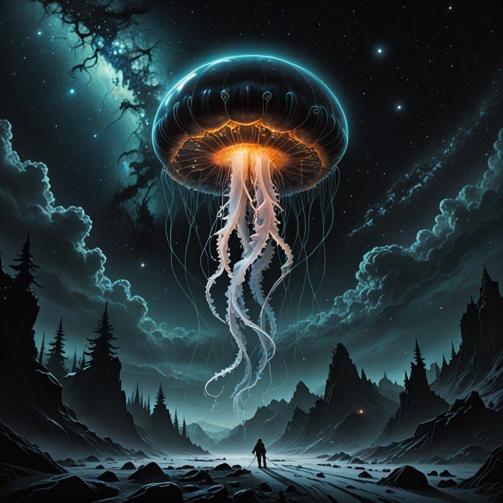 Bioluminescent Jellyfish Drifts through Cosmic Nebula in Dar...