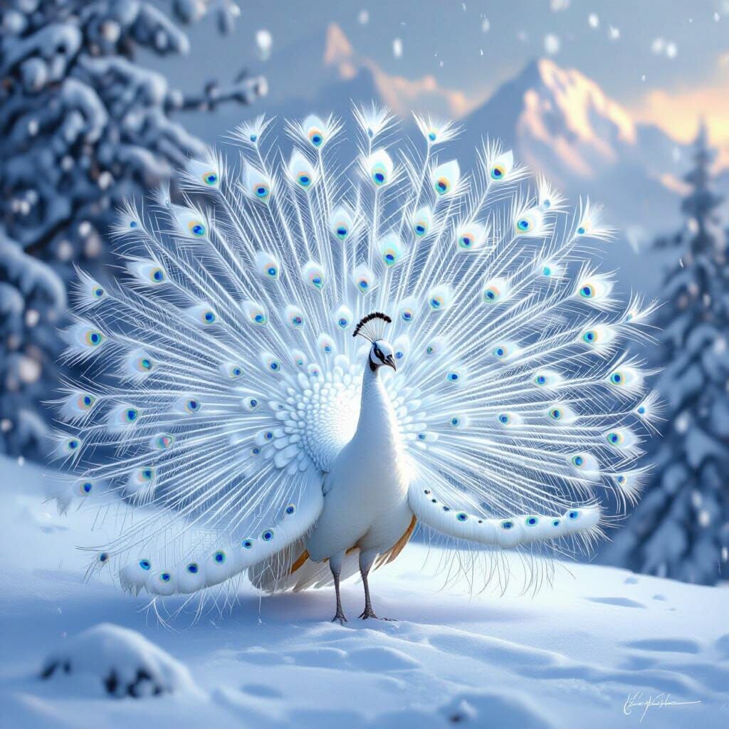 Majestic Peacock in Snowstorm: Hyperrealistic Fantasy Art
