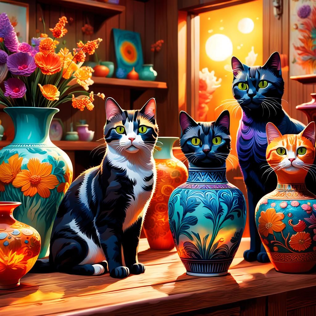 Cats Surrounded by Home Decorations: Hyper-Realistic Concept...