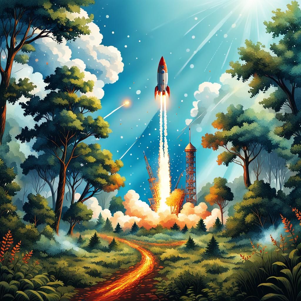 Rocket Launching from Forest Clearing in Pointillism Style