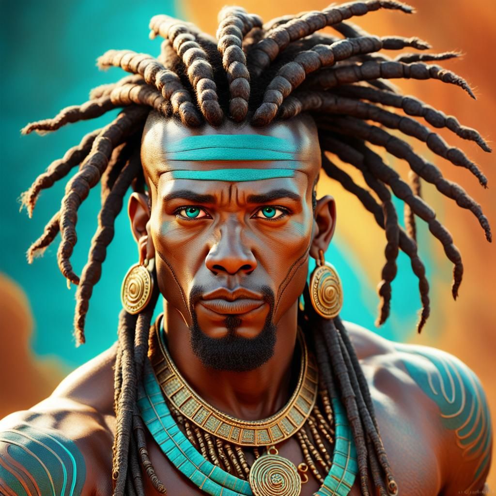 Khoisan Prince Portrait with Dreadlocks in Vibrant Colors