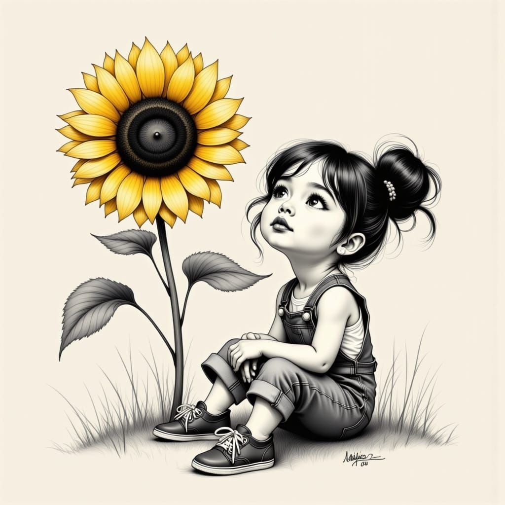 Whimsical Girl Amidst Vibrant Sunflower in Dreamy, Digitally...