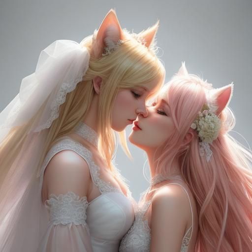 Two Women's Feline-Themed Wedding in Hyperrealistic Style